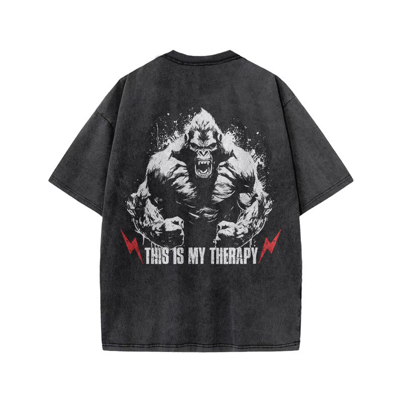 100% Cotton This Is My Therapy Gym Print Acid Washed T-shirt