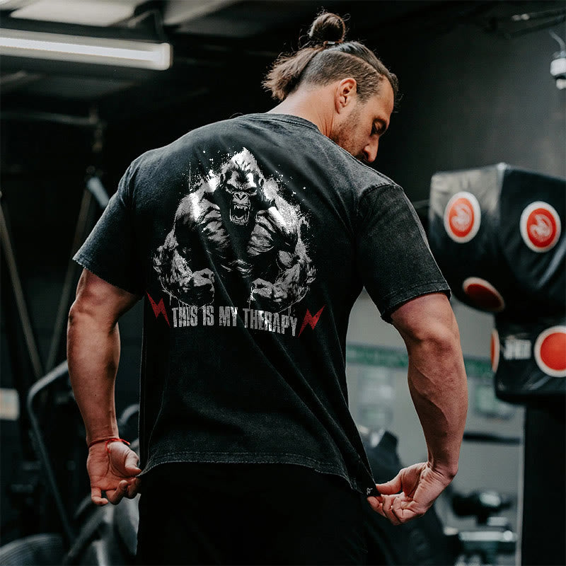 100% Cotton This Is My Therapy Gym Print Acid Washed T-shirt
