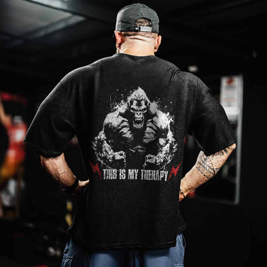 100% Cotton This Is My Therapy Gym Print Acid Washed T-shirt