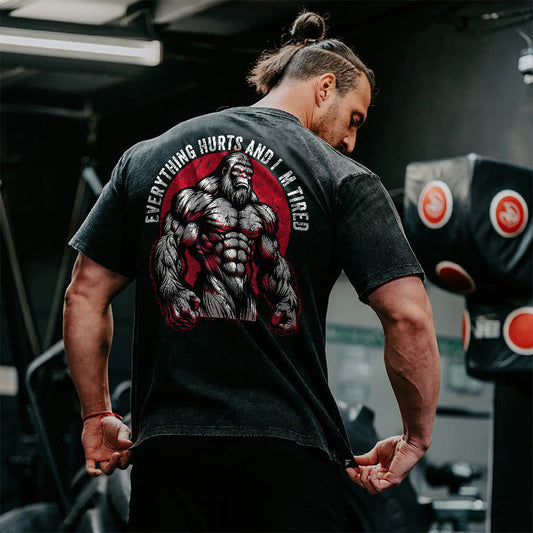 100% Cotton Everything Hurts And I'm Tired Gym Print Acid Washed T-shirt