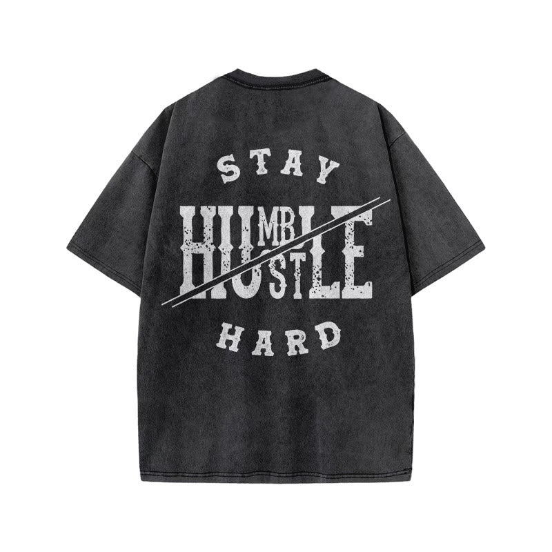 100% Cotton Stay Humble Gym Print Acid Washed T-shirt