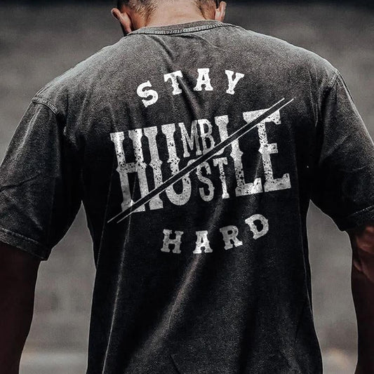 100% Cotton Stay Humble Gym Print Acid Washed T-shirt