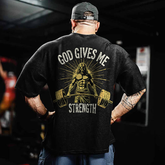 Gym 100% Cotton GOD GIVES ME STRENGTH Print Acid Washed T-shirt