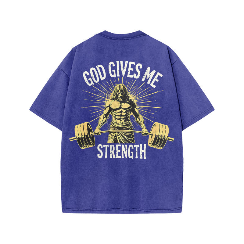 Gym 100% Cotton GOD GIVES ME STRENGTH Print Acid Washed T-shirt
