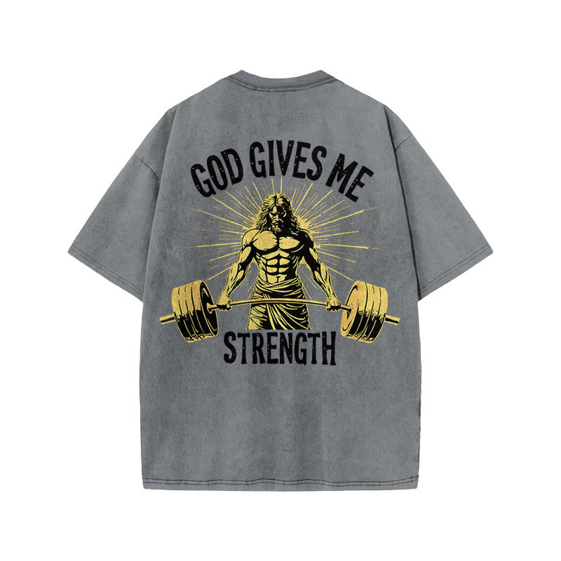 Gym 100% Cotton GOD GIVES ME STRENGTH Print Acid Washed T-shirt