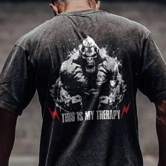 100% Cotton This Is My Therapy Gym Print Acid Washed T-shirt