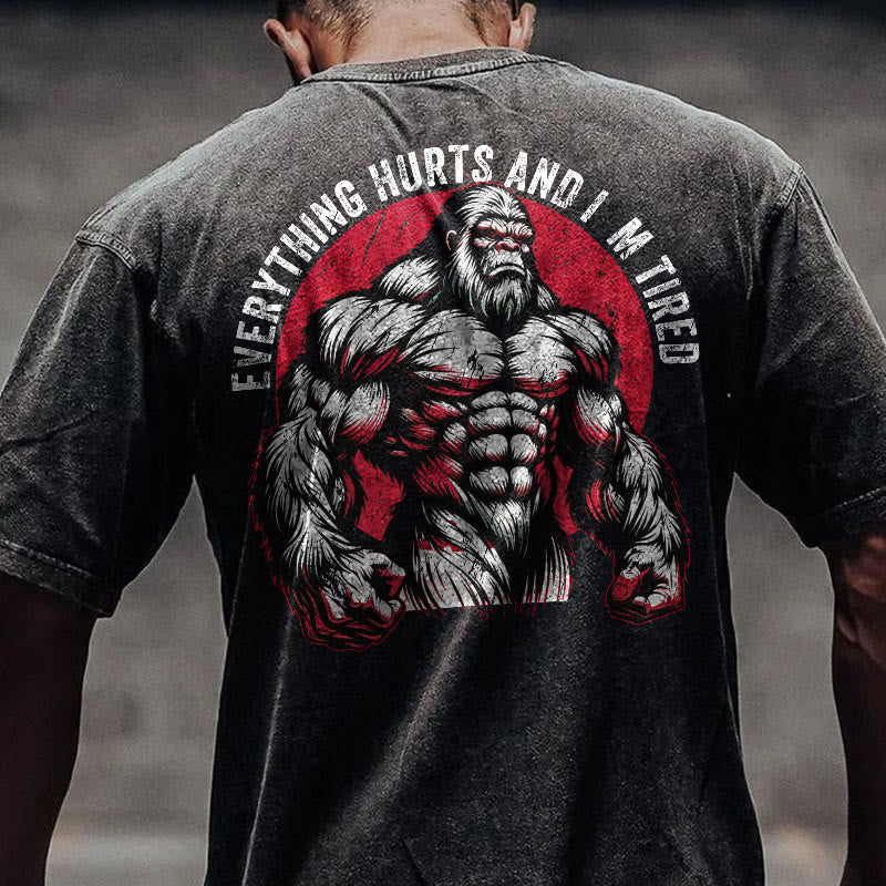 100% Cotton Everything Hurts And I'm Tired Gym Print Acid Washed T-shirt