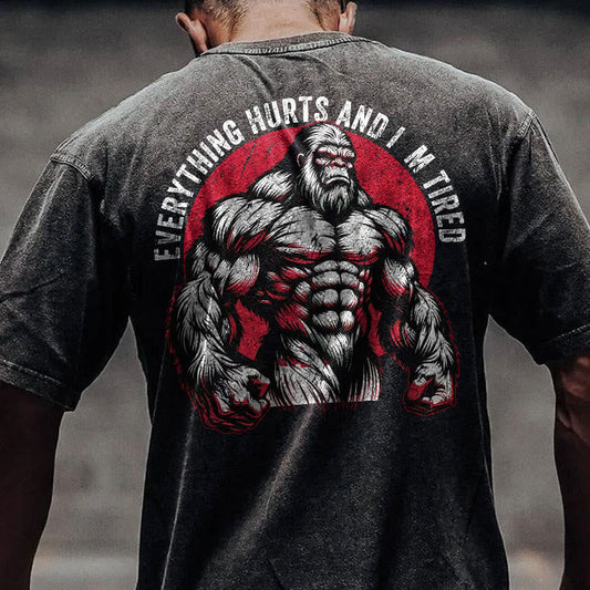 100% Cotton Everything Hurts And I'm Tired Gym Print Acid Washed T-shirt