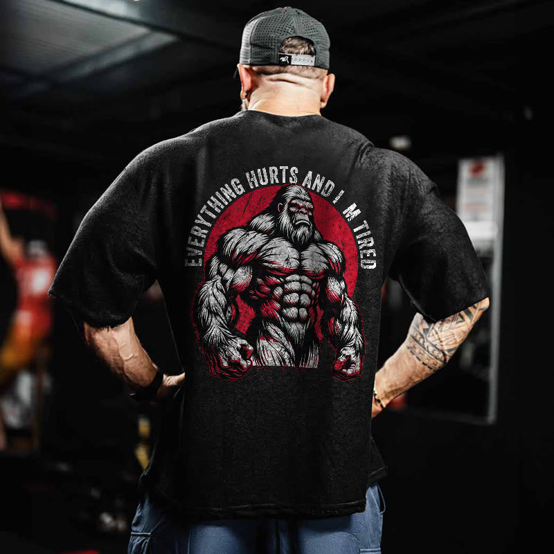 100% Cotton Everything Hurts And I'm Tired Gym Print Acid Washed T-shirt