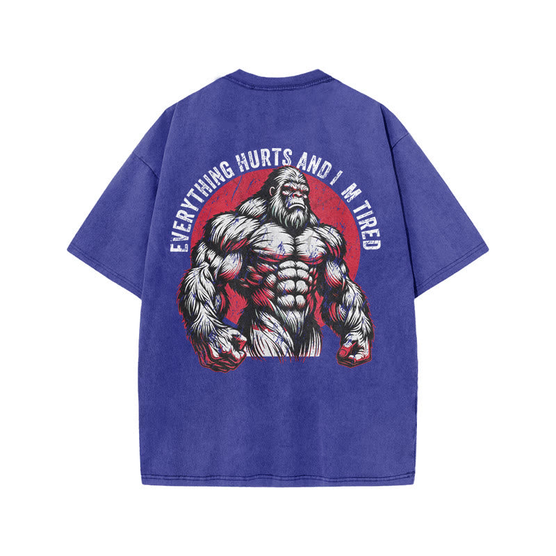100% Cotton Everything Hurts And I'm Tired Gym Print Acid Washed T-shirt