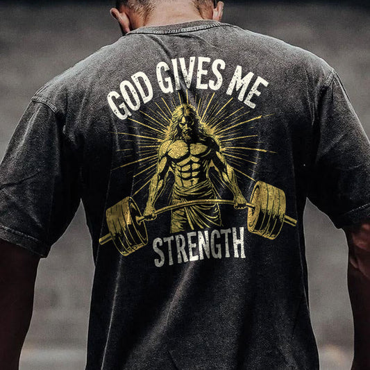 Gym 100% Cotton GOD GIVES ME STRENGTH Print Acid Washed T-shirt
