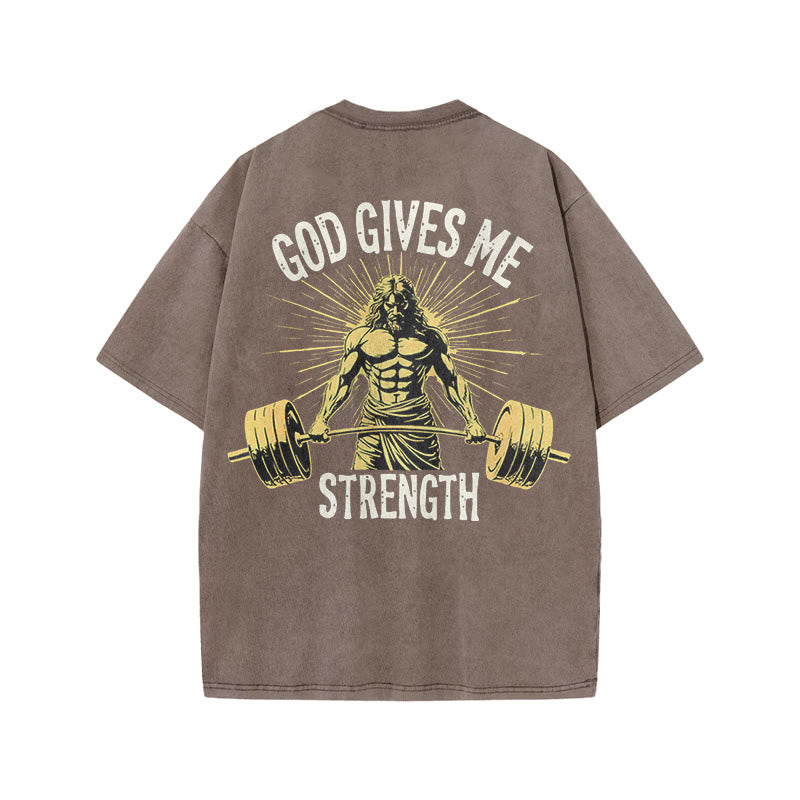 Gym 100% Cotton GOD GIVES ME STRENGTH Print Acid Washed T-shirt