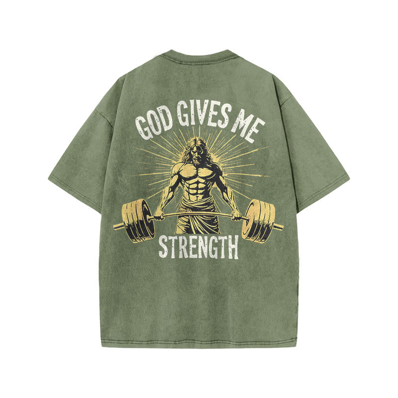 Gym 100% Cotton GOD GIVES ME STRENGTH Print Acid Washed T-shirt