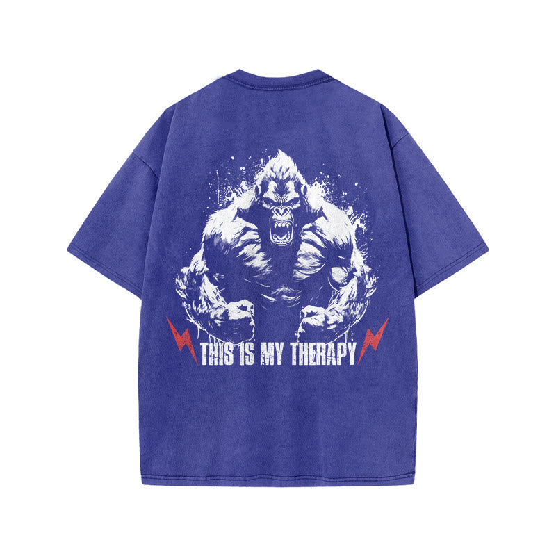 100% Cotton This Is My Therapy Gym Print Acid Washed T-shirt