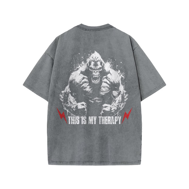 100% Cotton This Is My Therapy Gym Print Acid Washed T-shirt