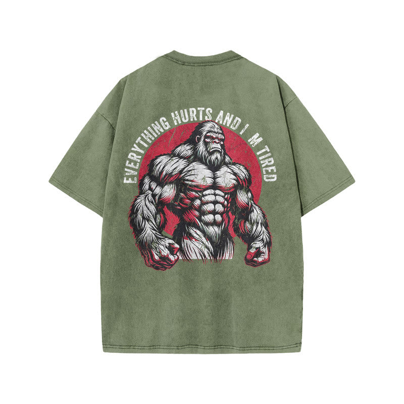 100% Cotton Everything Hurts And I'm Tired Gym Print Acid Washed T-shirt