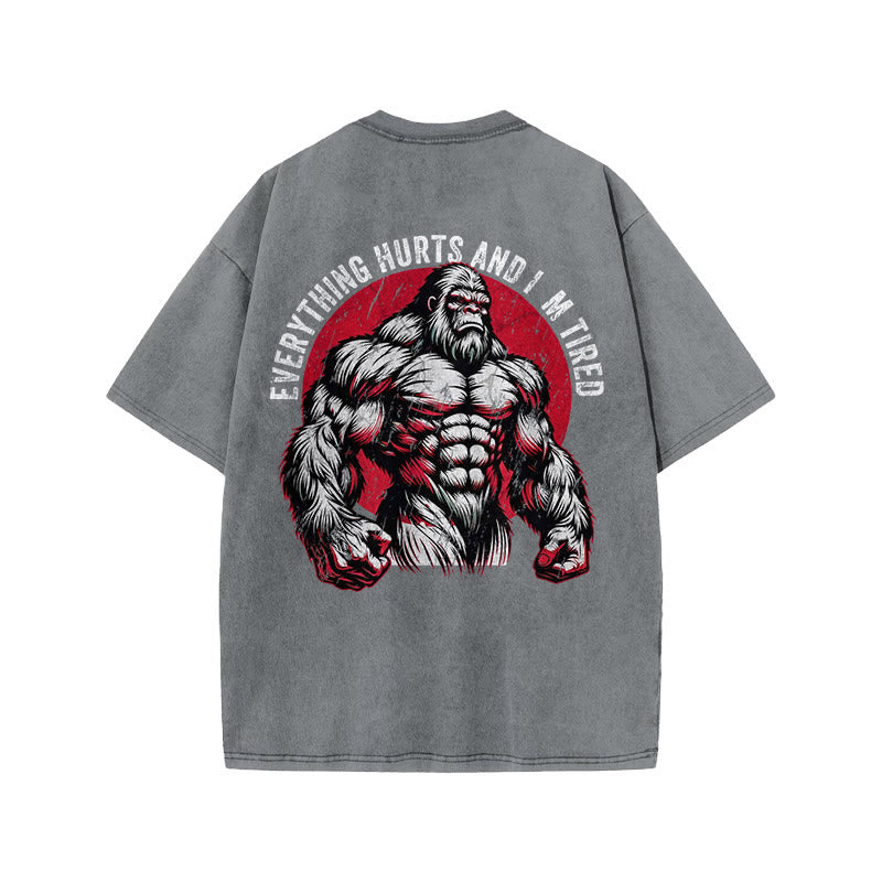 100% Cotton Everything Hurts And I'm Tired Gym Print Acid Washed T-shirt