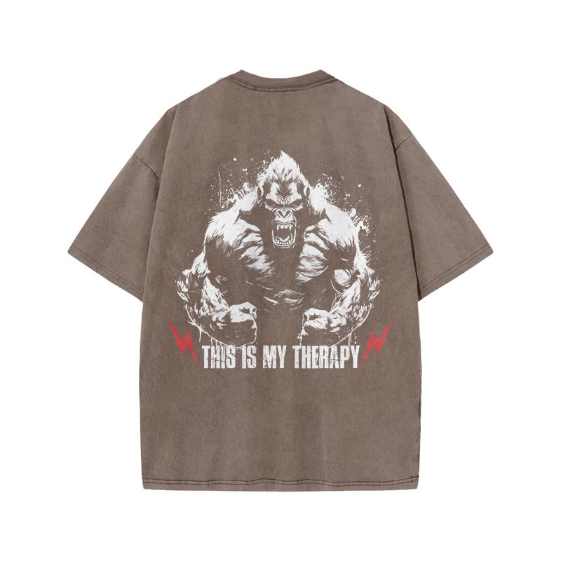 100% Cotton This Is My Therapy Gym Print Acid Washed T-shirt