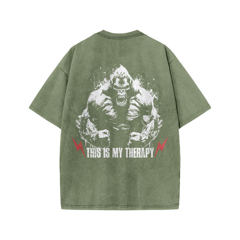 100% Cotton This Is My Therapy Gym Print Acid Washed T-shirt