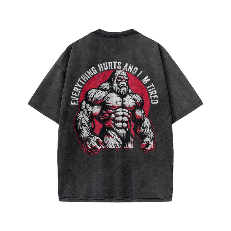 100% Cotton Everything Hurts And I'm Tired Gym Print Acid Washed T-shirt