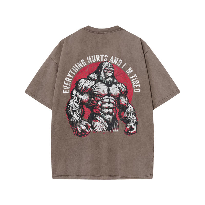 100% Cotton Everything Hurts And I'm Tired Gym Print Acid Washed T-shirt